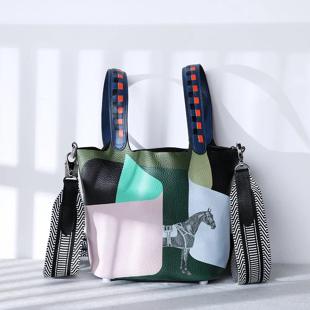High Quality Bags for Women Painting Handbag Genuine Leather Bucket Bag