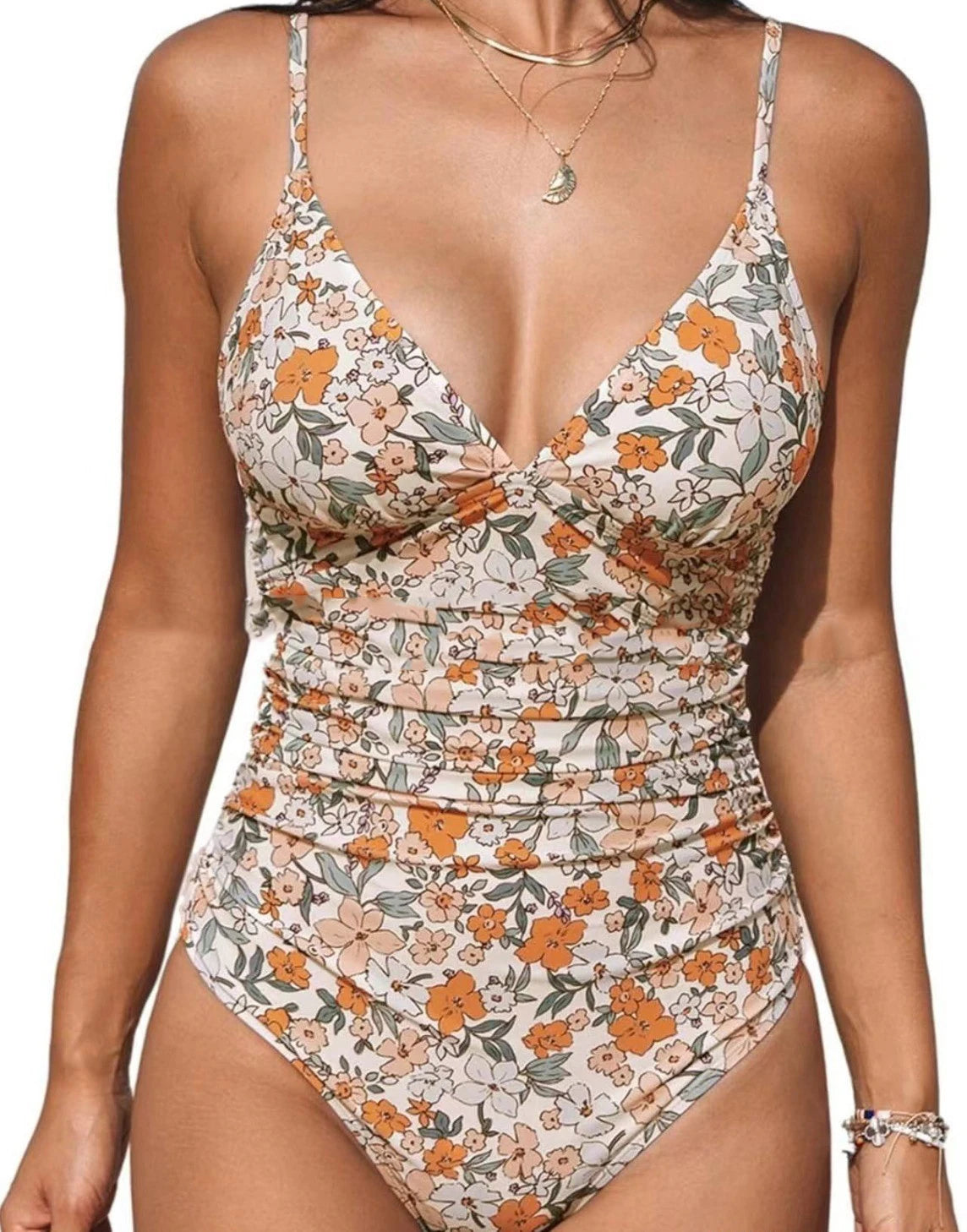 2026 New Women Sexy Pleated V Neck One Piece Swimsuits