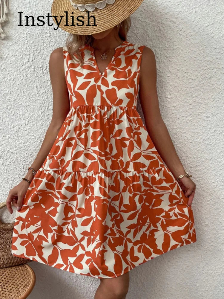 Women Boho Print Elegant V Neck Ruffle A Line Tank Dress Beach Party Sundress