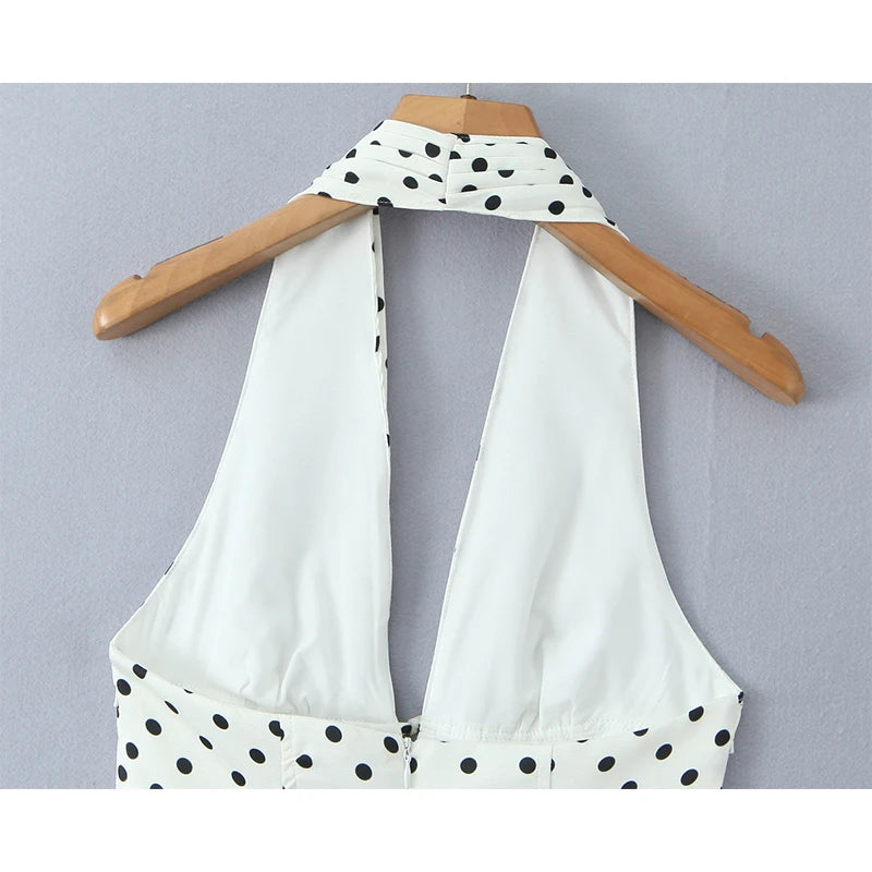 French Style Retro Polka Dot Deep V Halter Dress for Women