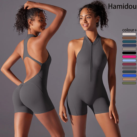 Half Zipper for Women  fitness Bodysuits Gym Push Up Workout Clothes