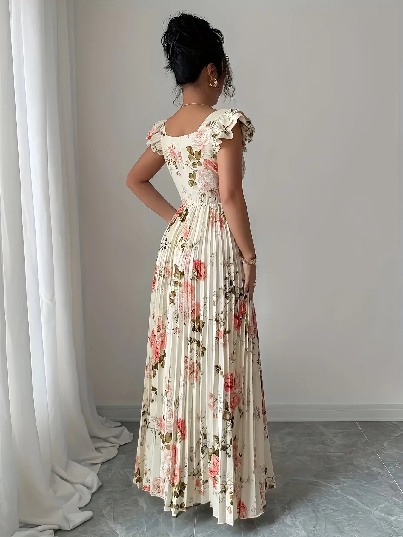 Elegant Beige Floral Pleated Midi Dress with Ruffle Square Neck
