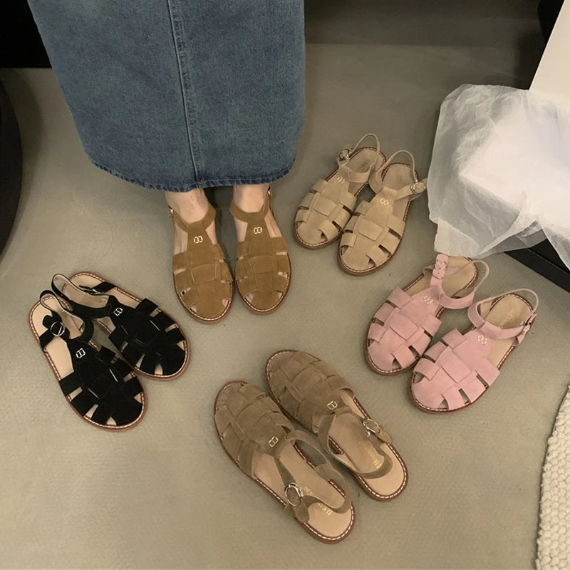 2026 Summer New Flat Retro Real Leather Ladies Sandals
