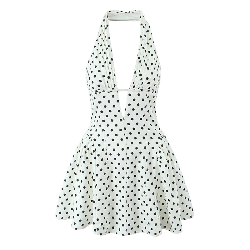 French Style Retro Polka Dot Deep V Halter Dress for Women