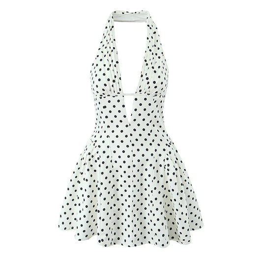 French Style Retro Polka Dot Deep V Halter Dress for Women