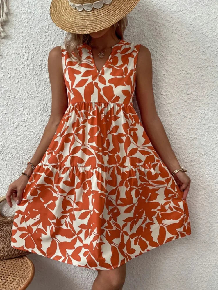 Women Boho Print Elegant V Neck Ruffle A Line Tank Dress Beach Party Sundress