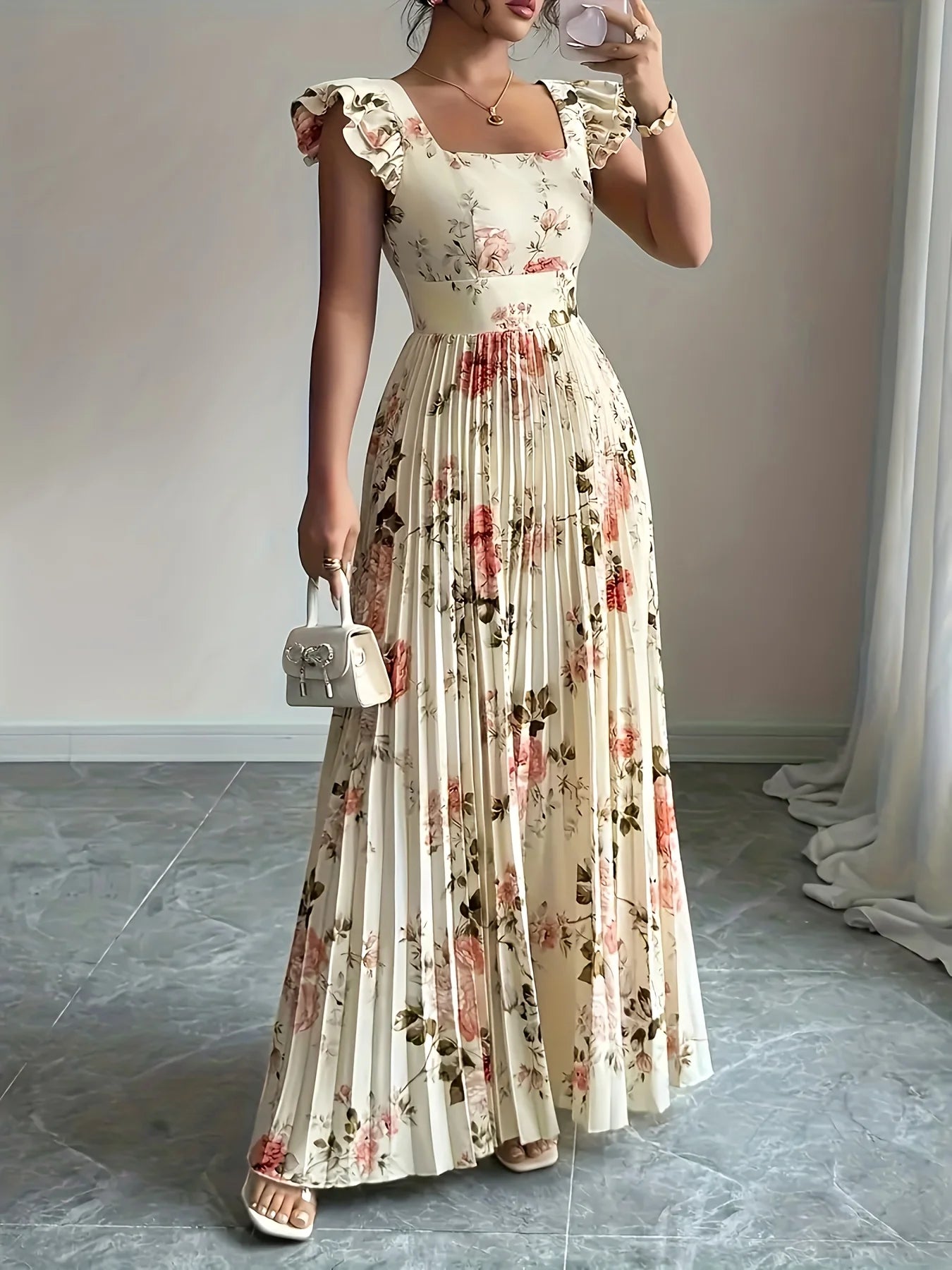 Elegant Beige Floral Pleated Midi Dress with Ruffle Square Neck