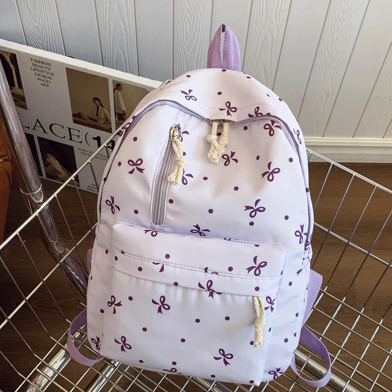 Playful Bow Print Backpack Quilted Multi-Pocket Adjustable Straps
