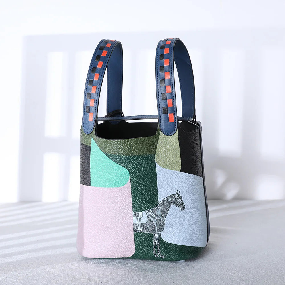 High Quality Bags for Women Painting Handbag Genuine Leather Bucket Bag