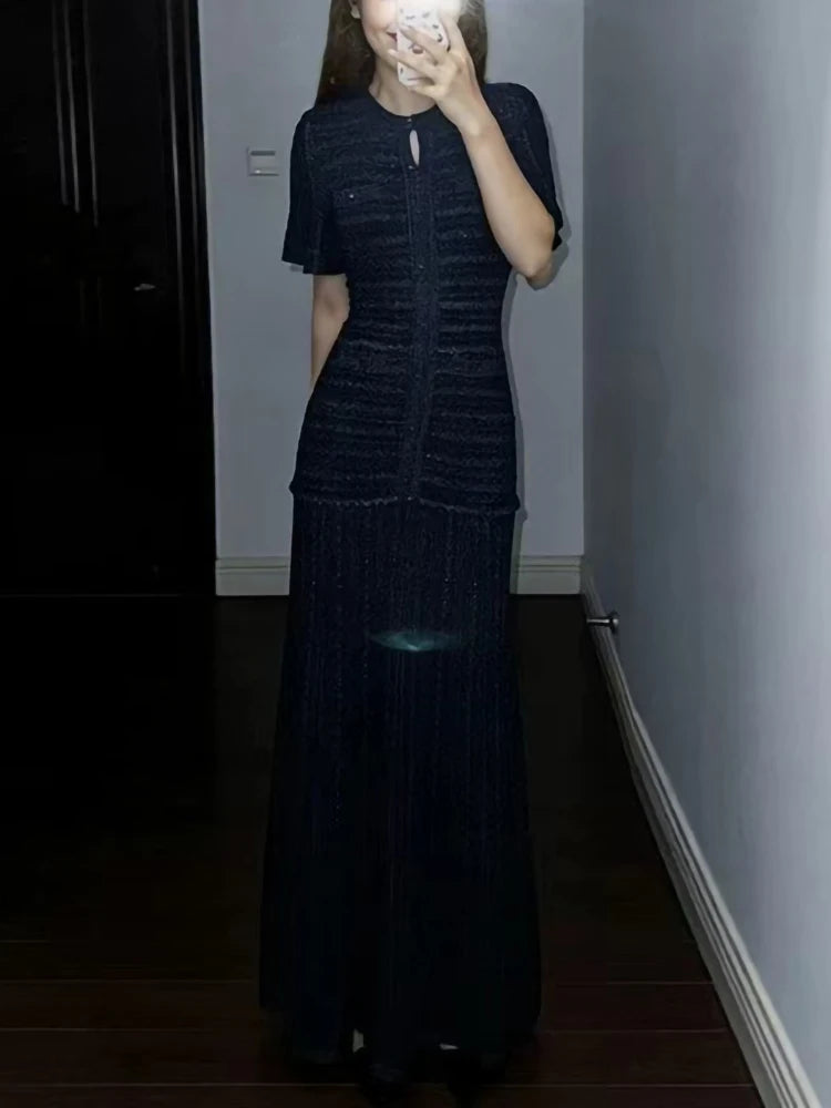 High Quality Dark Blue Temperament Knit Long Dress for Women