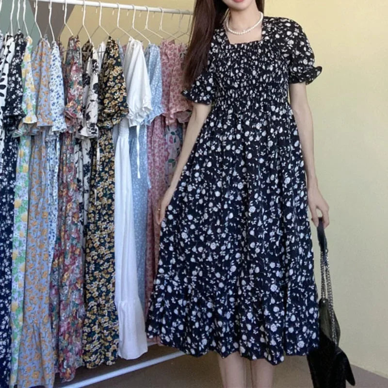 Spring Summer Elastic Waist Chiffon Dress for Women