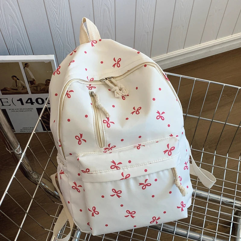 Playful Bow Print Backpack Quilted Multi-Pocket Adjustable Straps