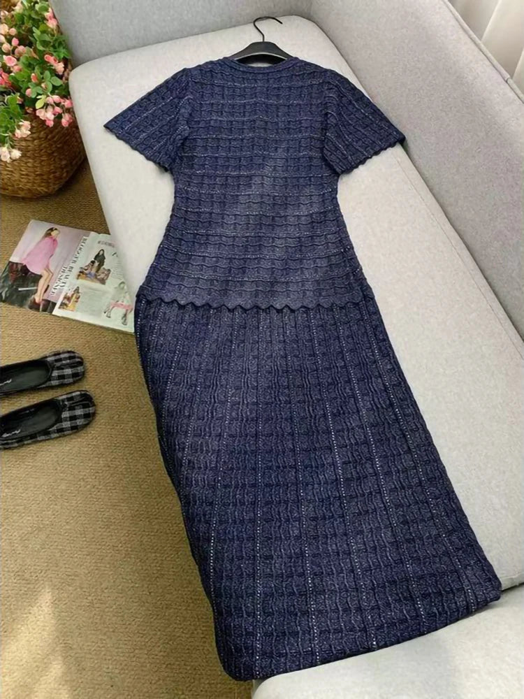 High Quality Dark Blue Temperament Knit Long Dress for Women