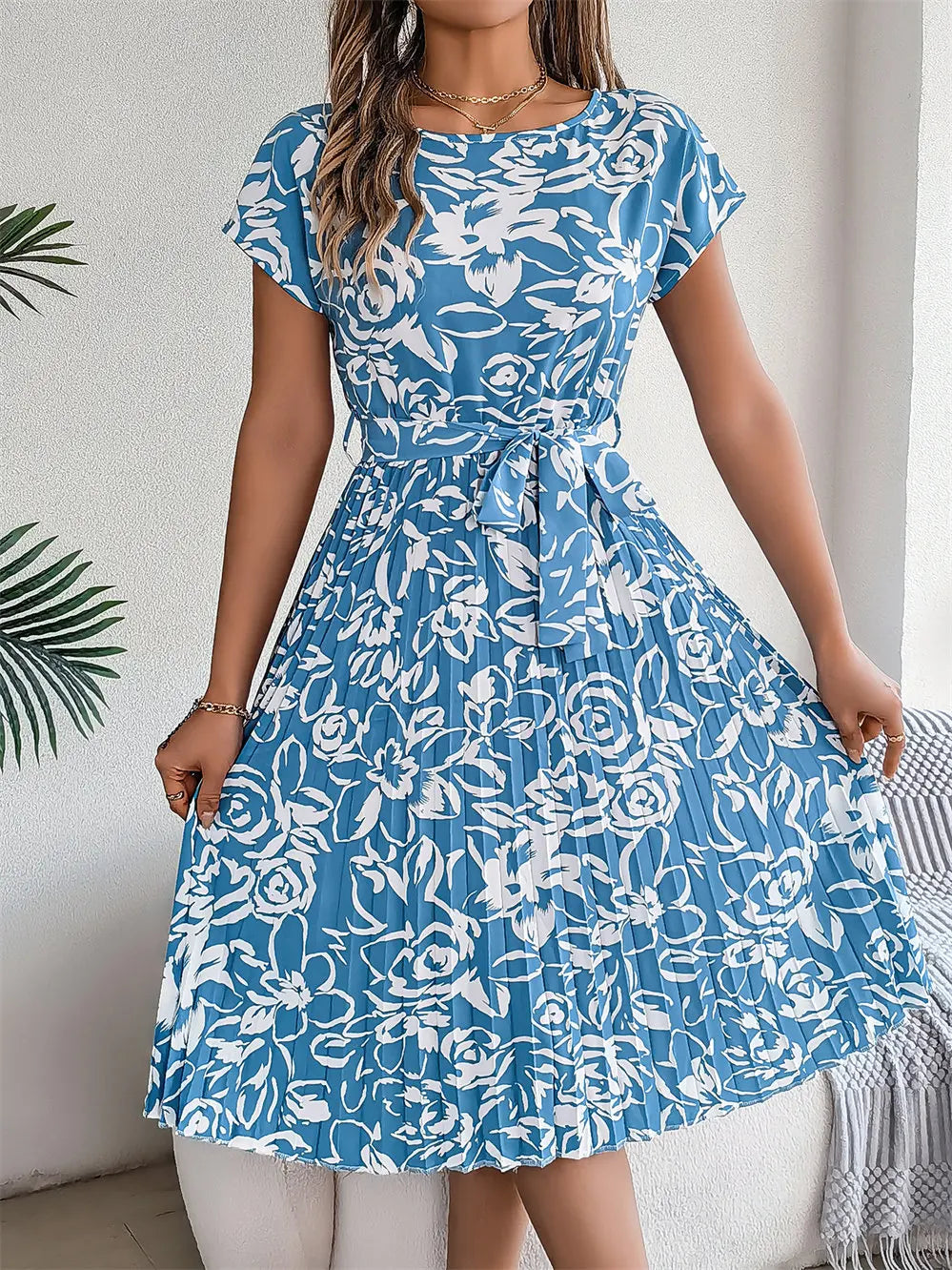 Elegant Floral Dress Women Round Neck Medium Long Spring Summer Causal