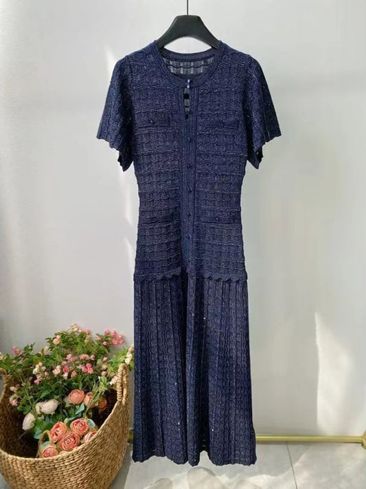 High Quality Dark Blue Temperament Knit Long Dress for Women