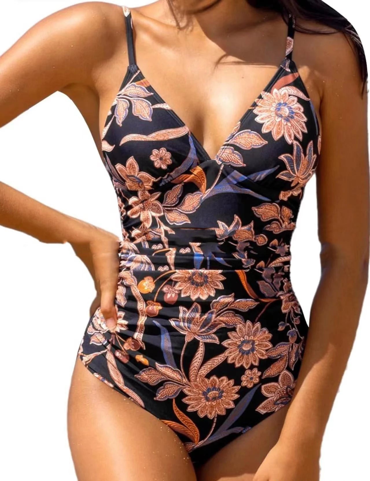 2026 New Women Sexy Pleated V Neck One Piece Swimsuits