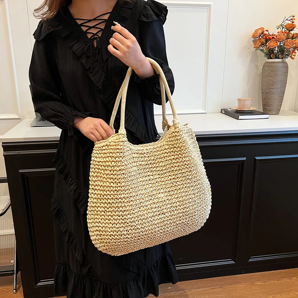 Women Straw Bag Tote Handbag Large Capacity Vintage Shoulder Bag