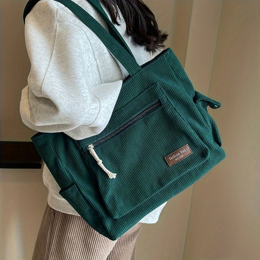 Simple Corduroy Tote Bag, Multi Pockets Handbag For Women