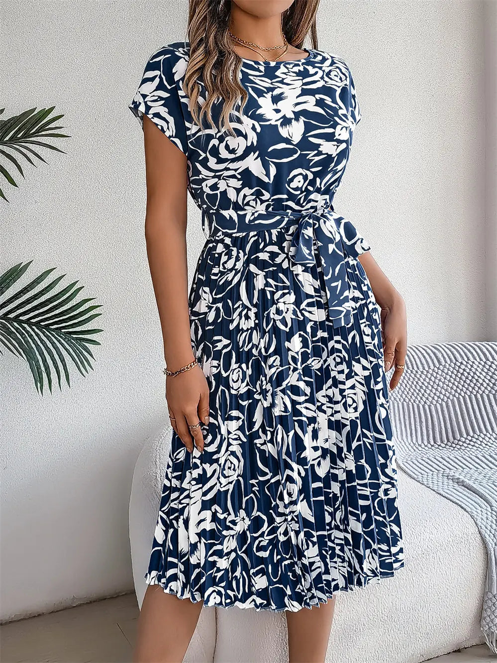 Elegant Floral Dress Women Round Neck Medium Long Spring Summer Causal